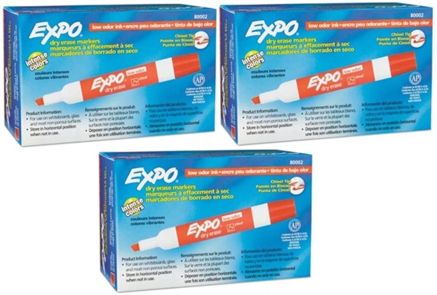 EXPO 80002 Low Odor Chisel Point Dry Eraser Marker (Pack of 3), Red; Write On Whiteboards, Glass and Most Non-Porous Surfaces; Low Odor Dry Erase Ink; Case of 3 Box of 12 Markers