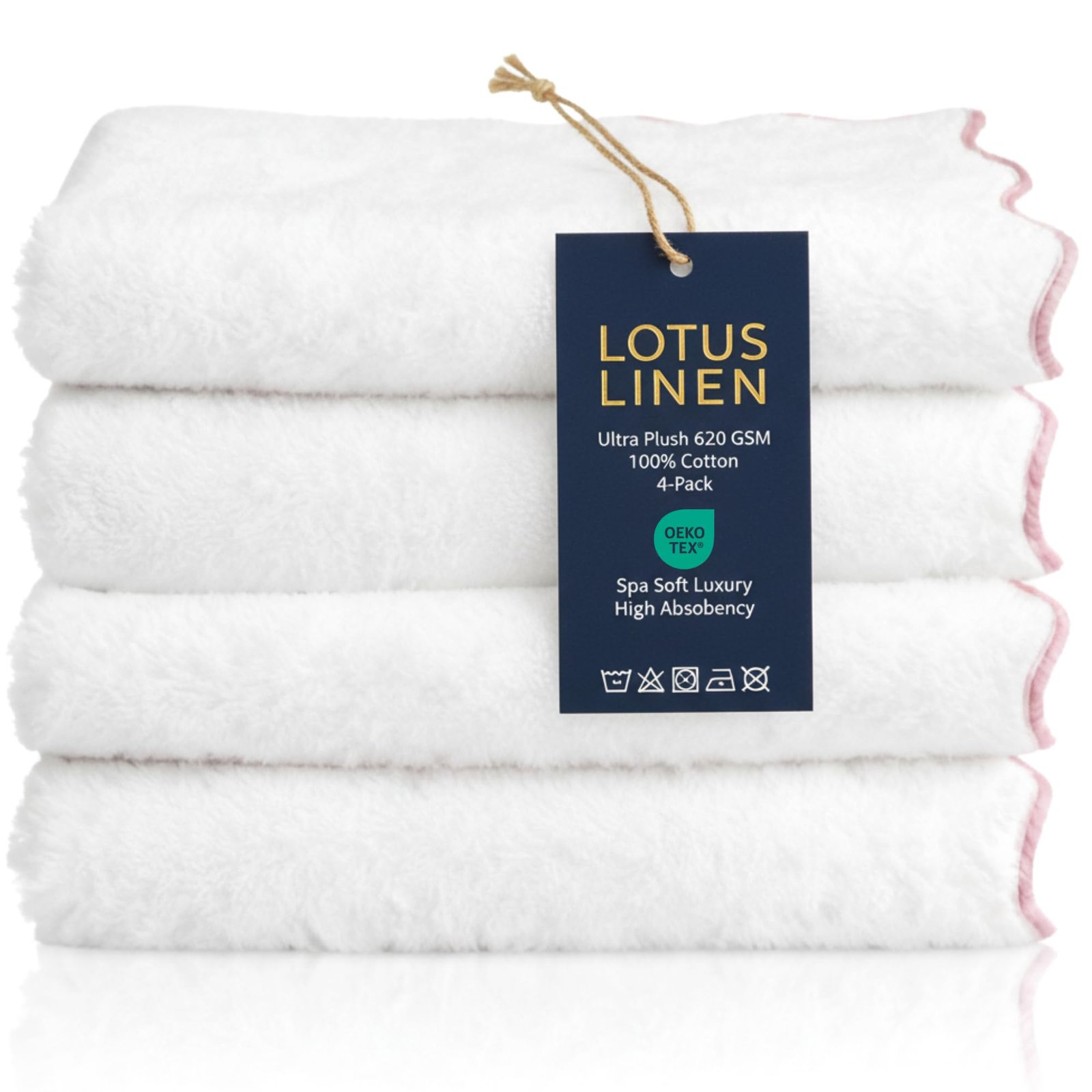 Lotus Linen Bath Towel Set of 4, 620 GSM 100% Zero Twist Cotton, 27 by 54 Inches, Oeko-TEX Certified, Ultra Absorbent, Soft Luxury Bathroom Towels for Home, Spa, Hotel (Pink Piping)