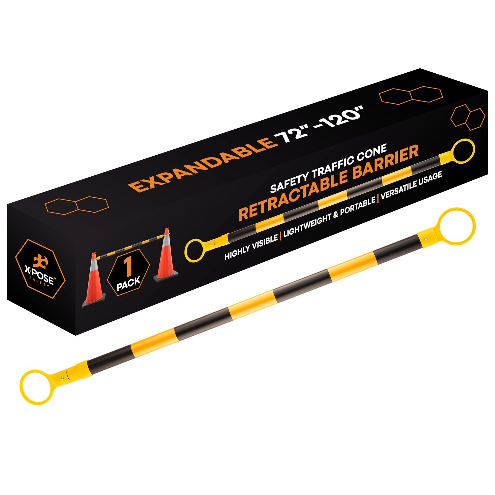Xpose Safety Reflective Retractable Barrier for Traffic Cones – 1 Pack, Yellow/Black, Expandable 72″–120″ for Construction, Parking & Crowd Control